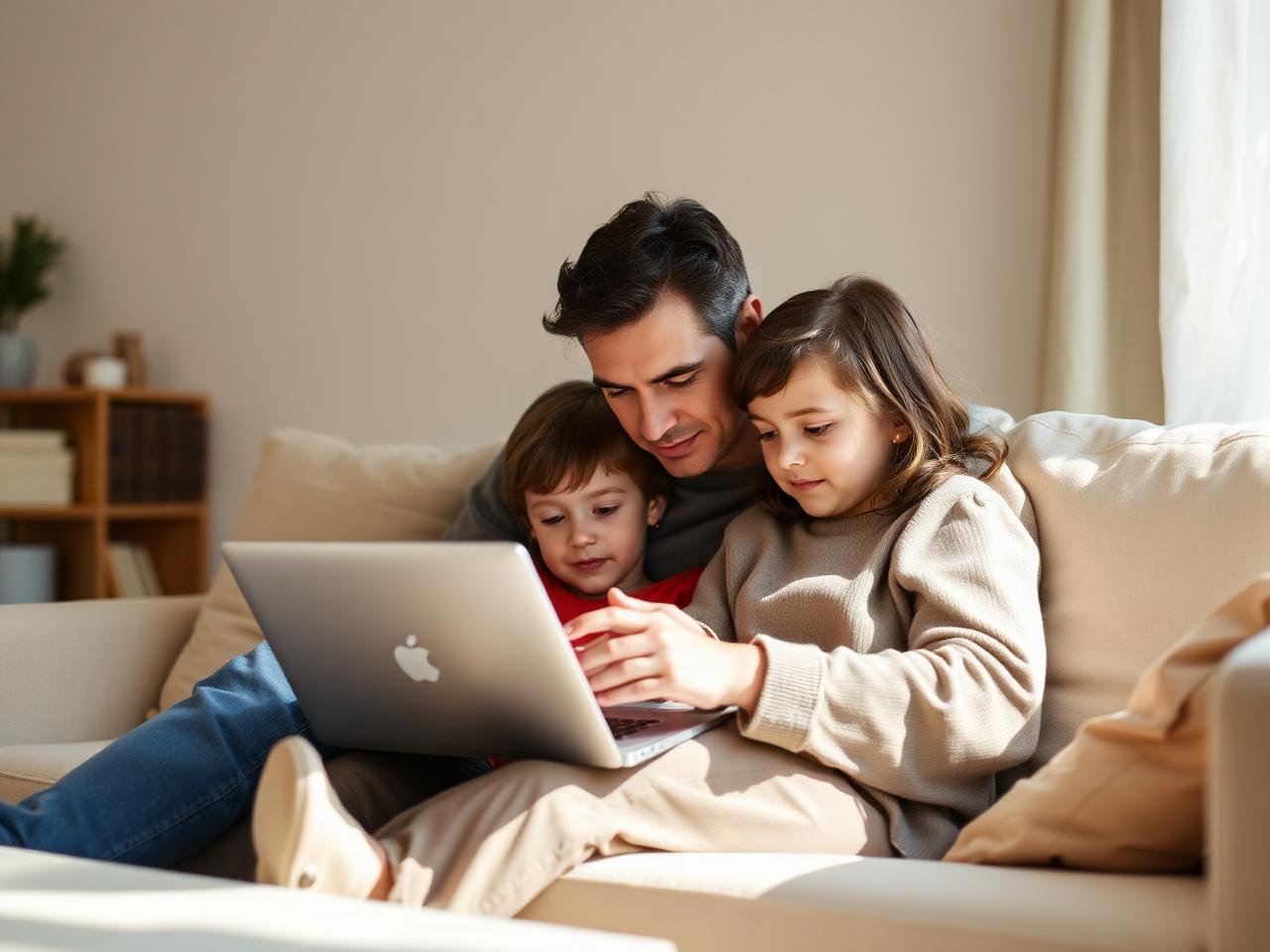 A parent reviewing guidance beside their child on a sofa at home