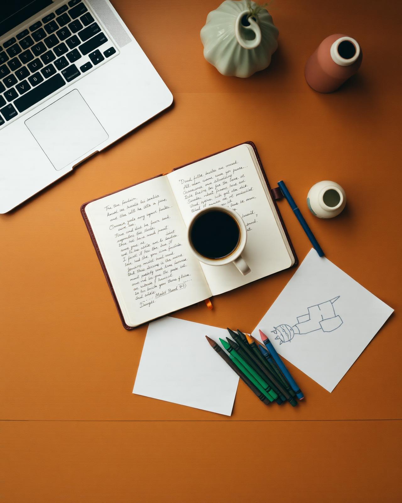 Editorial still life of a notebook, coffee, children's drawings and a laptop in soft daylight