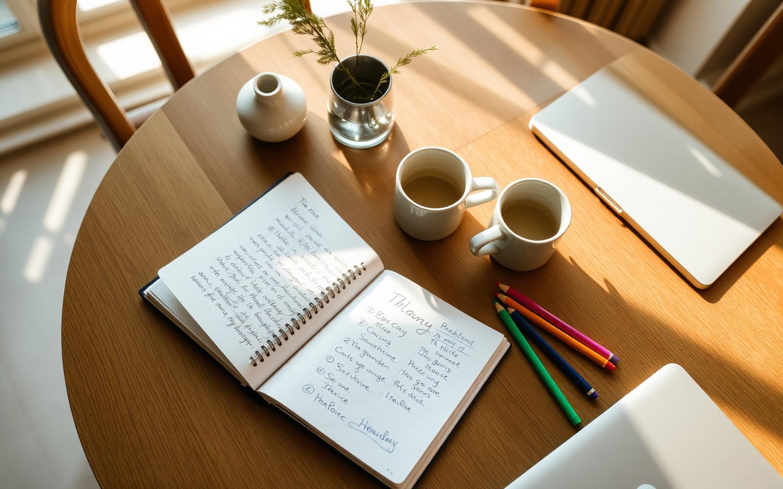 A wooden dining table in morning light with two coffee mugs, an open notebook, children's drawings, coloured pencils and a laptop