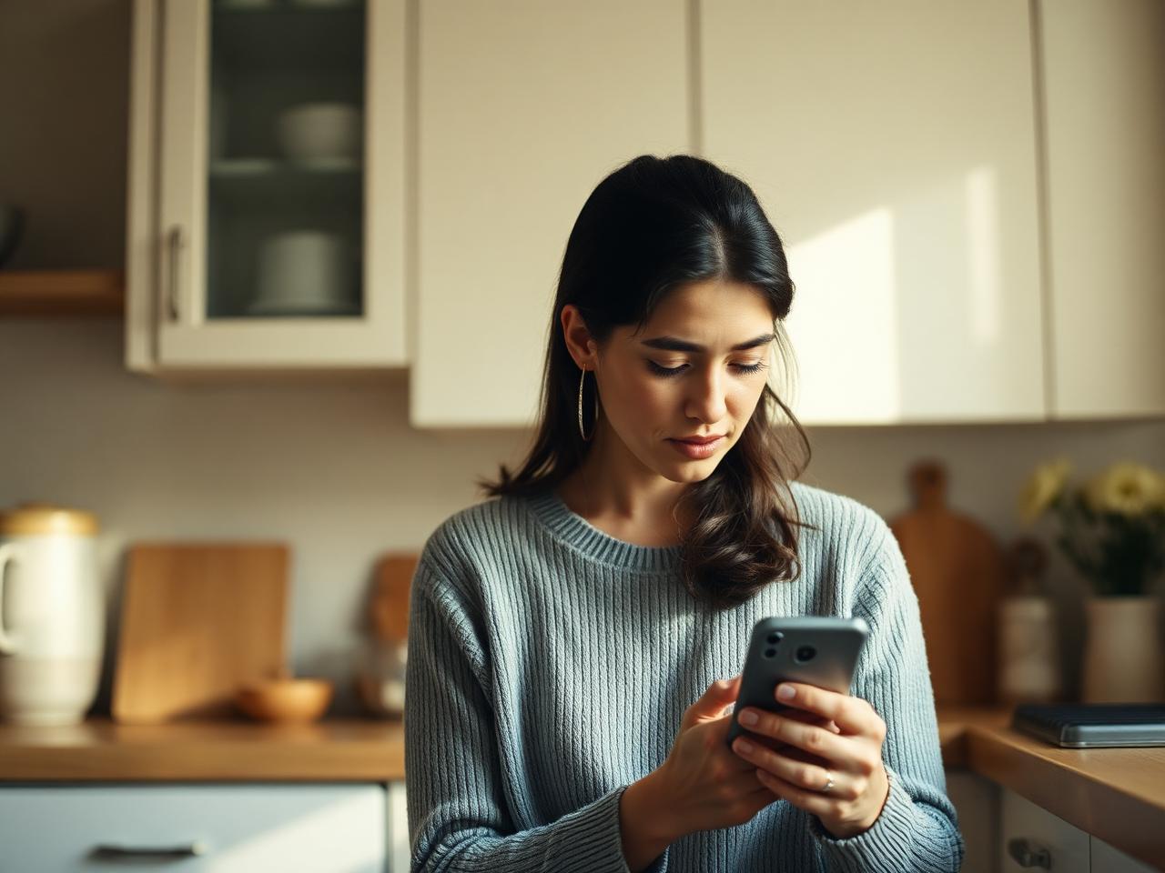 A thoughtful parent quietly looking at a phone in a softly lit kitchen